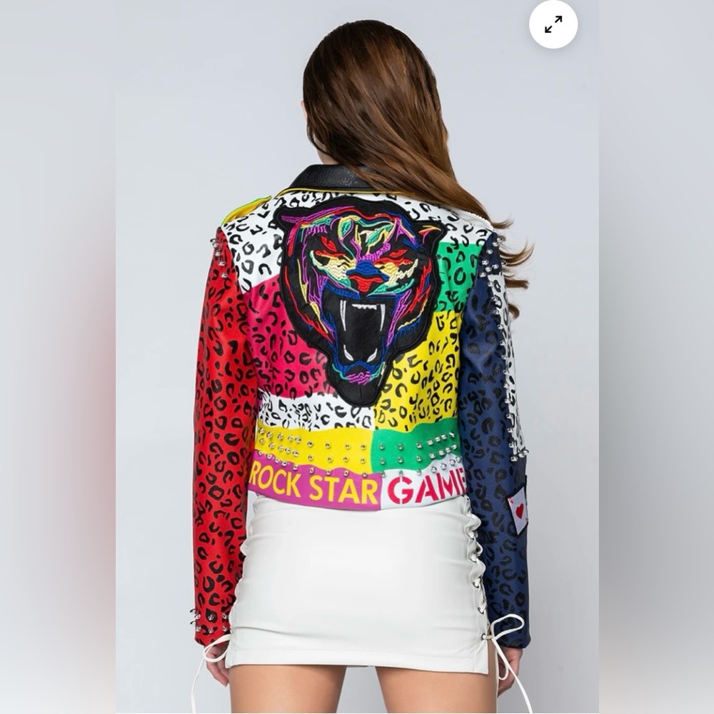 AZALEA WANG Studded Moto Jacket, Wonka Colors Rock Star Game Moto Jacket Sz: XL - Picture 2 of 16